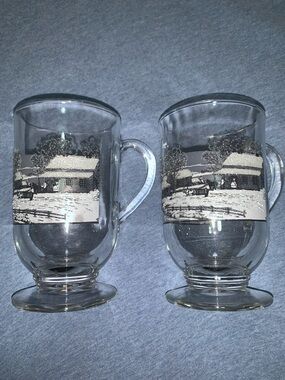 Clear Glass Mugs with Silver Winter Cottage Scenic Print - Set of 2